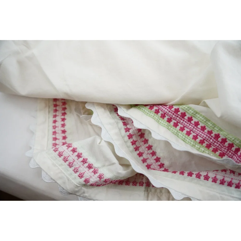 Pottery Barn Teen Duvet Full White Pink‎ Green Floral Embroidered Scalloped